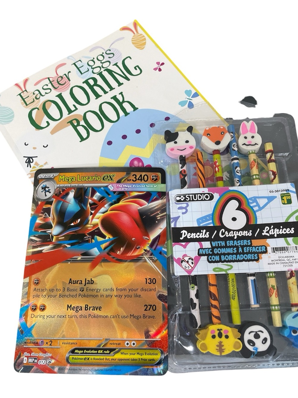 🎁FREE GIFT Pokémon mega Lucario Card & 6-Pack Animal Top Eraser Pencils